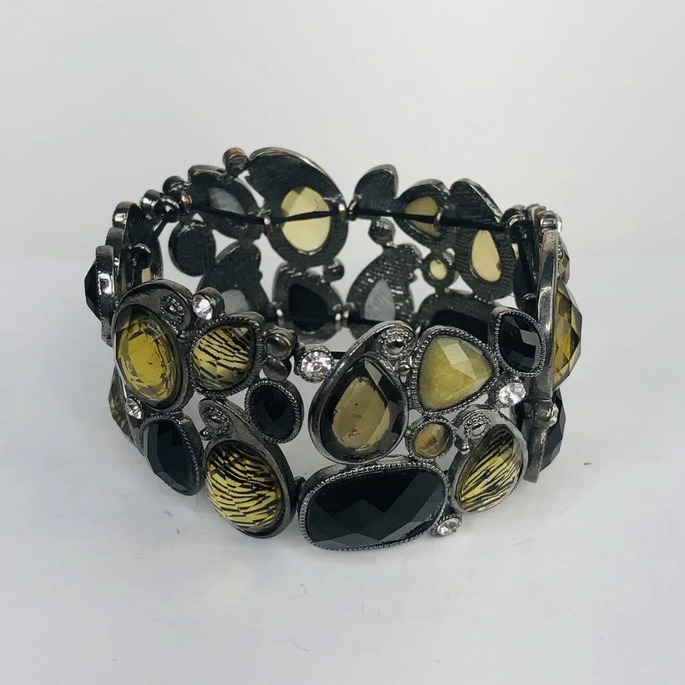 Lia Sophia Y2K Stretch Cuff Bracelet Crystals Cabochons Black Honey Gold Stones